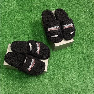 Balenciaga Black Fuzzy Logo Slide Sandals